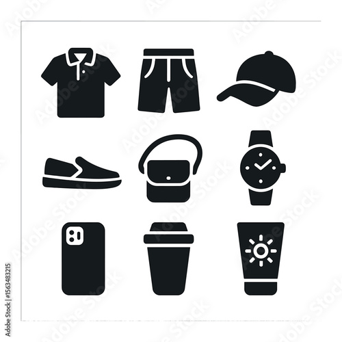 Casual Walkwear Icons. Solid, filled icons set of casual walkwear in warm weather: polo shirt, chino shorts,