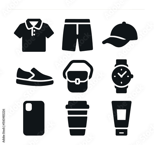 Casual Walkwear Icons. Solid, filled icons set of casual walkwear in warm weather: polo shirt, chino shorts,