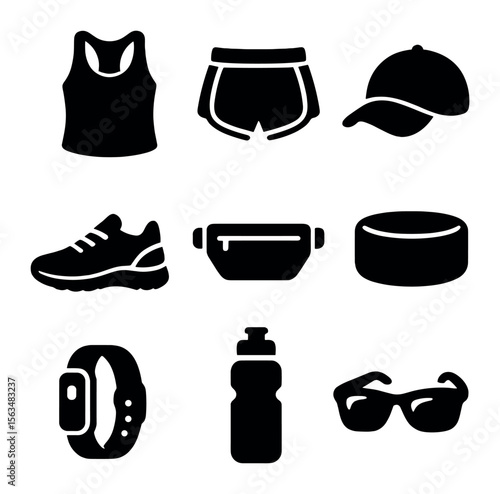 Summer Sport Icons. Solid, filled icons set of sporty summer outfits: racerback tank, running shorts, sports
