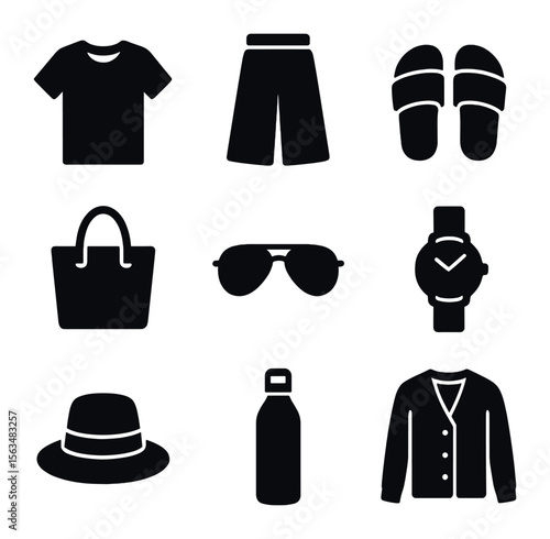 Minimalist Summer Wardrobe Icons. Solid, filled icons set of minimalist summer wardrobe: basic tee, culotte