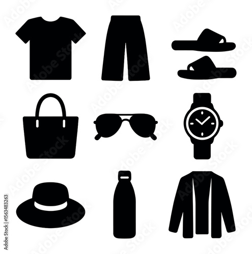Minimalist Summer Wardrobe Icons. Solid, filled icons set of minimalist summer wardrobe: basic tee, culotte