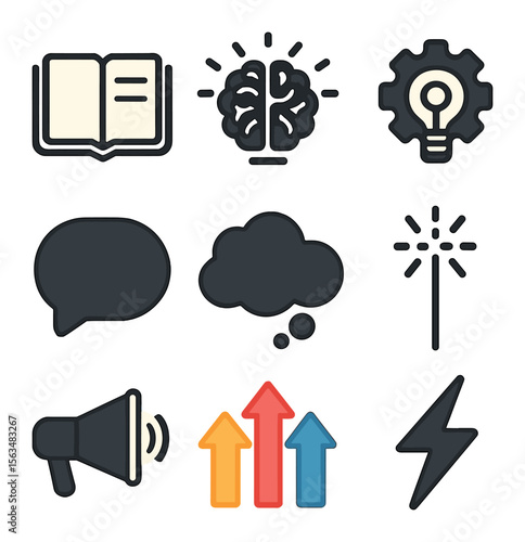 Creative Icon Set. Solid, filled icons set of fresh idea generation: open notebook, glowing brain, creative