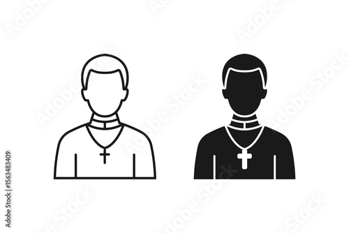 Christian Priest Icon Religious Clergy Character in Traditional Robe and Cross Minimal Line Art Black Outline Isolated on White Background Faith and Worship Concept for Church and Religion Design