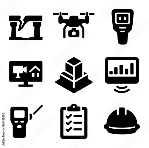Infrastructure Tools Icons. Solid, filled icons set of infrastructure assessment tools: damaged bridge icon,