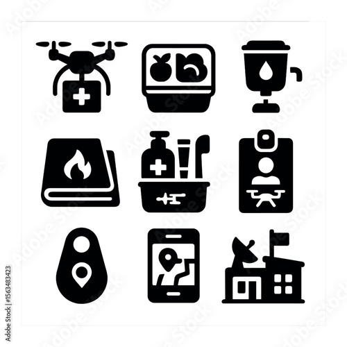 Humanitarian Aid Icons. Solid, filled icons set of humanitarian aid delivery tech: cargo drone, packaged meals