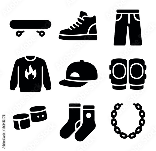 Skatewear Icons Grid. Solid, filled icons set of skate-inspired streetwear: skateboard, high-top sneakers,