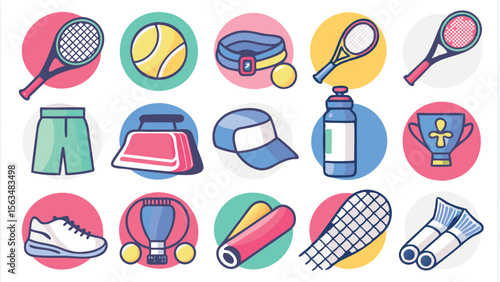 Illustration of tennis equipment and accessories including rackets balls shoes trophy and other items sport