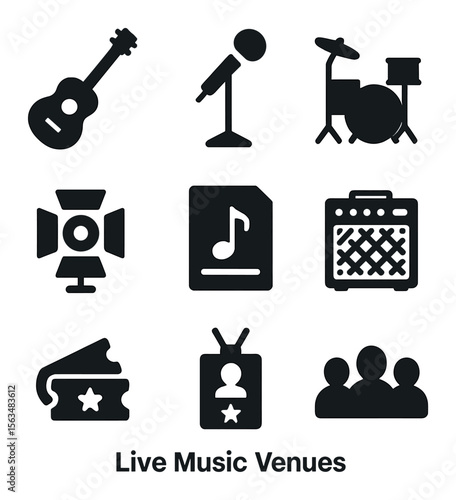 Live Music Icons. Solid, filled icons set of live music venues: guitar, microphone stand, drum set, stage