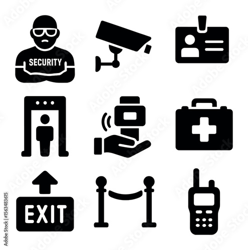 Nightclub Safety Icons. Solid, filled icons set of nightclub security and safety: bouncer icon, security