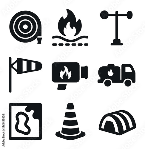 Fire Safety Equipment Icons. Solid, filled icons set of fire management equipment: fire hose, firebreak line,