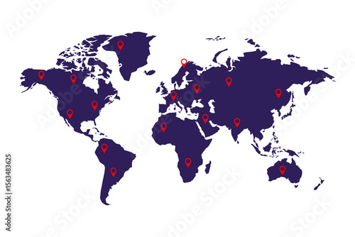 Flat illustration of world map with red location pins. Concept of global navigation, logistics, travel, and worldwide connection. Isolated on white background, vector style.