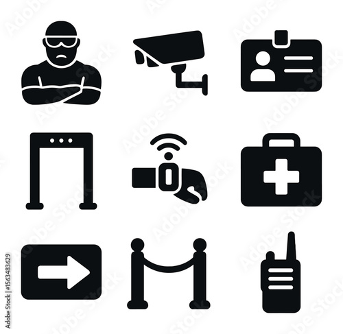 Nightclub Safety Icons. Solid, filled icons set of nightclub security and safety: bouncer icon, security