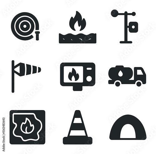 Fire Safety Equipment Icons. Solid, filled icons set of fire management equipment: fire hose, firebreak line,