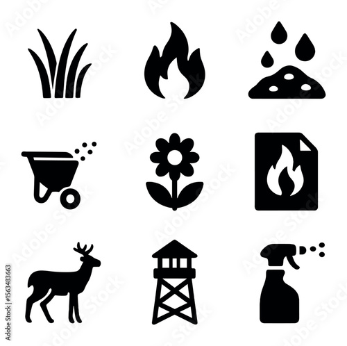 Grassland Restoration Icons. Solid, filled icons set of grassland restoration elements: prairie grass,