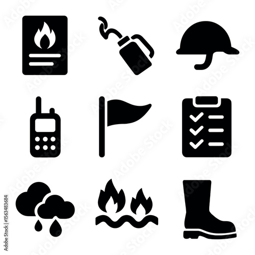 Controlled Burn Preparation Icons. Solid, filled icons set of controlled burn preparation: fire plan document,