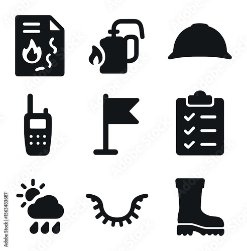 Controlled Burn Preparation Icons. Solid, filled icons set of controlled burn preparation: fire plan document,