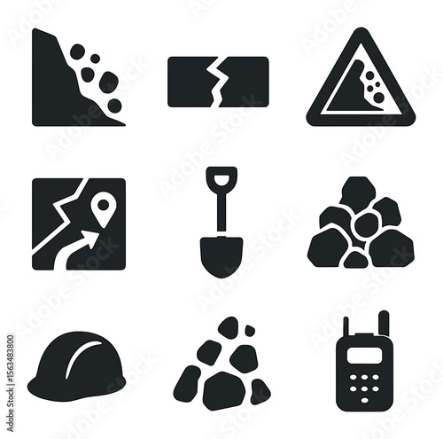 Landslide Hazard Icons. Solid, filled icons set of landslide hazards: sliding hill, cracked road, warning sign
