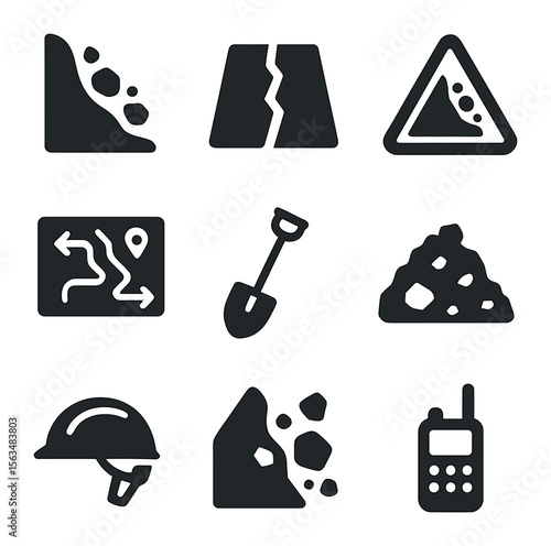 Landslide Hazard Icons. Solid, filled icons set of landslide hazards: sliding hill, cracked road, warning sign