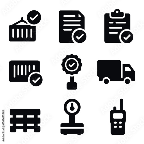 Logistics Icon Set. Solid, filled icons set of import/export verification: cargo container, shipping manifest,