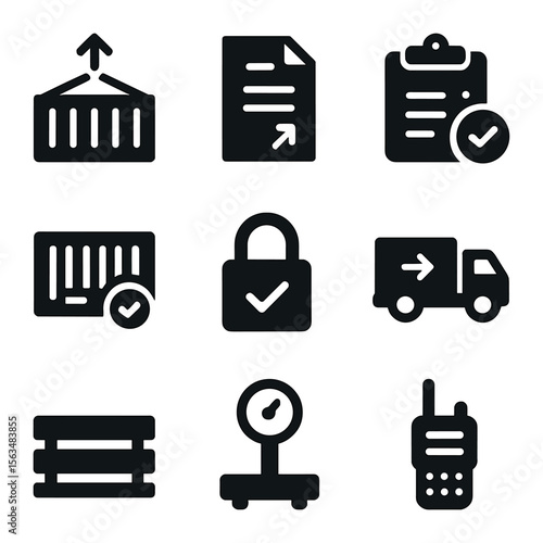Logistics Icon Set. Solid, filled icons set of import/export verification: cargo container, shipping manifest,