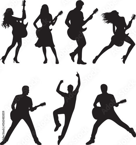 Silhouette Collection Rock Musicians Playing Guitars - Vector EPS