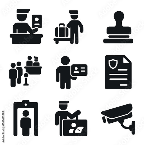 Traveler Customs Icons. Solid, filled icons set of traveler customs clearance: passport control booth,