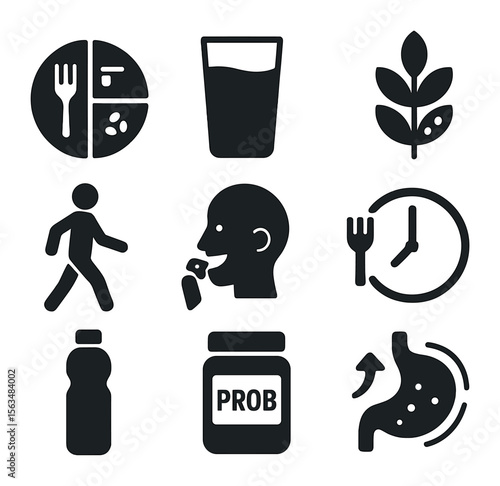 Healthy Digestion Icons. Solid, filled icons set of healthy digestion habits: balanced plate, water glass,