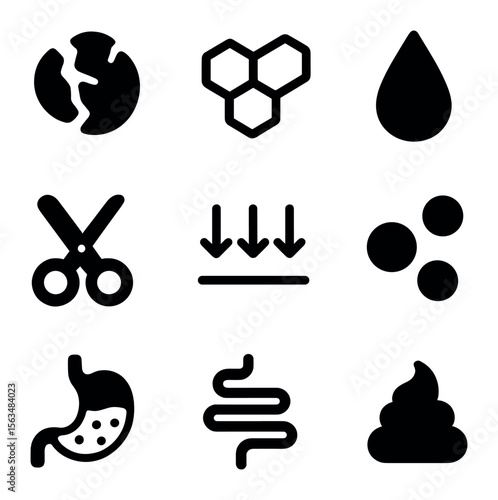 Food Digestion Icons. Solid, filled icons set of food breakdown process: broken down proteins, carbs chain,