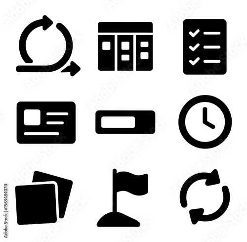 Agile Process Icons. Solid, filled icons set of agile process and iteration: cycle arrows, sprint board,