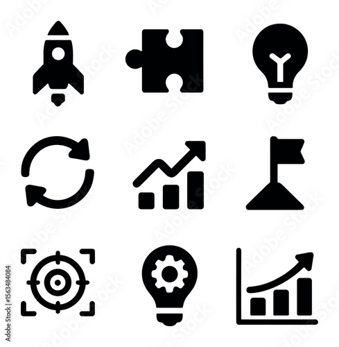 Innovation Icon Set. Solid, filled icons set of innovation and change culture: rocket launch, puzzle piece,
