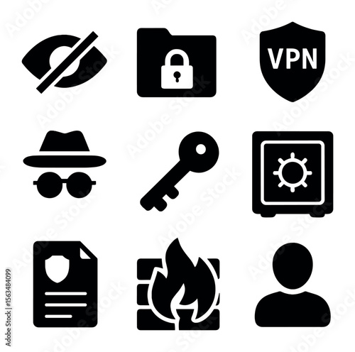 Data Security Icons. Solid, filled icons set of privacy and data security: eye with slash, secure folder, VPN