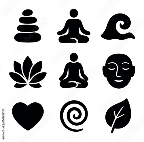 Mindfulness Icon Grid. Solid, filled icons set of mindfulness in stone art: balanced cairn, meditation icon,