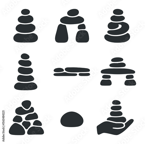 Creative Stone Stacking Icons. Solid, filled icons set of creative stone stacking: tower of rocks, arch