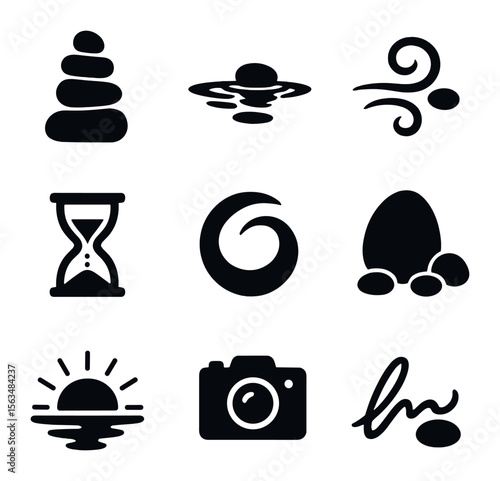 Ephemeral Art Icons. Solid, filled icons set of ephemeral art with stones: temporary stack, water reflection,