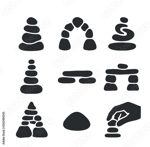 Creative Stone Stacking Icons. Solid, filled icons set of creative stone stacking: tower of rocks, arch