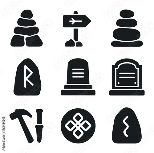 Cultural Stone Icons Grid. Solid, filled icons set of cultural stone markers: ancient cairn, trail guide,