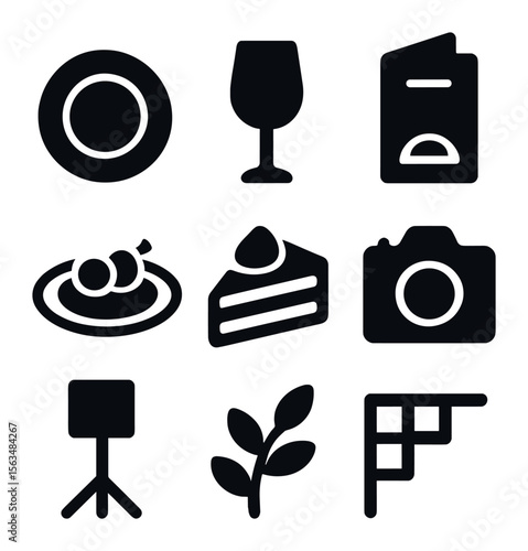 Photography Menu Icons. Solid, filled icons set of menu photography themes: elegant plate, wine glass, folded