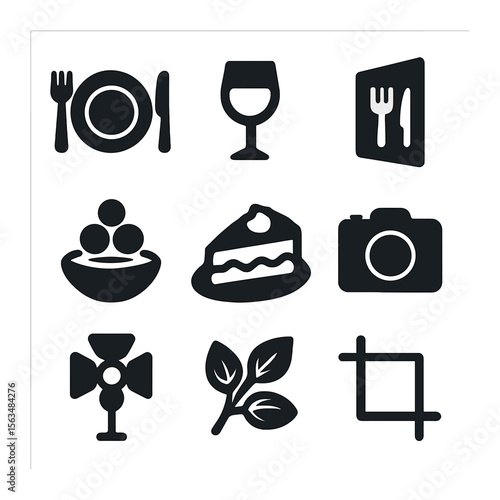 Photography Menu Icons. Solid, filled icons set of menu photography themes: elegant plate, wine glass, folded