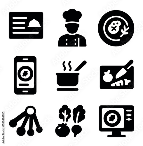 Cooking Icon Set. Solid, filled icons set of cookbook photo concepts: recipe card, chef portrait, plated