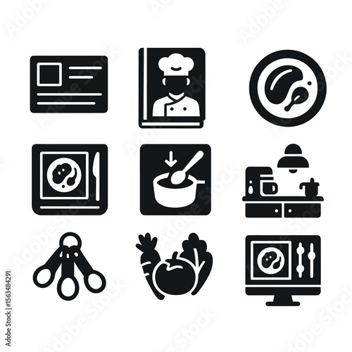 Cooking Icon Set. Solid, filled icons set of cookbook photo concepts: recipe card, chef portrait, plated