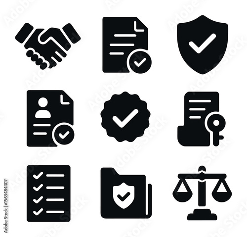 Ethical Data Icons. Solid, filled icons set of ethical data practices: handshake icon, document with checkmark
