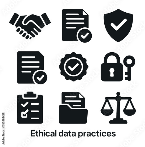 Ethical Data Icons. Solid, filled icons set of ethical data practices: handshake icon, document with checkmark