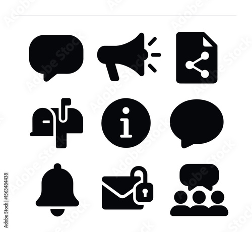 Transparent Communication Icons. Solid, filled icons set of transparent communication: chat bubble,