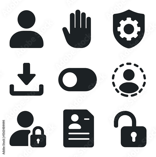 Customer Data Icon Set. Solid, filled icons set of customer data access: profile icon, consent hand, privacy