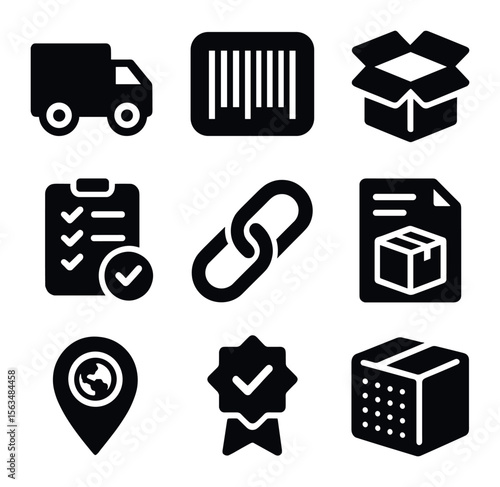 Supply Chain Icons. Solid, filled icons set of supply chain transparency: delivery truck, tracking barcode,