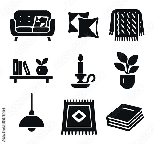 Cozy Living Room Icons. Solid, filled icons set of cozy living room details: mid-century sofa, geometric