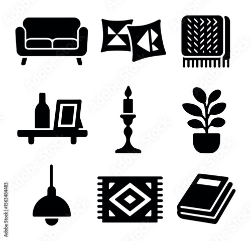 Cozy Living Room Icons. Solid, filled icons set of cozy living room details: mid-century sofa, geometric