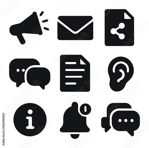 Transparent Communication Icons. Solid, filled icons set of transparent communication: megaphone icon, open