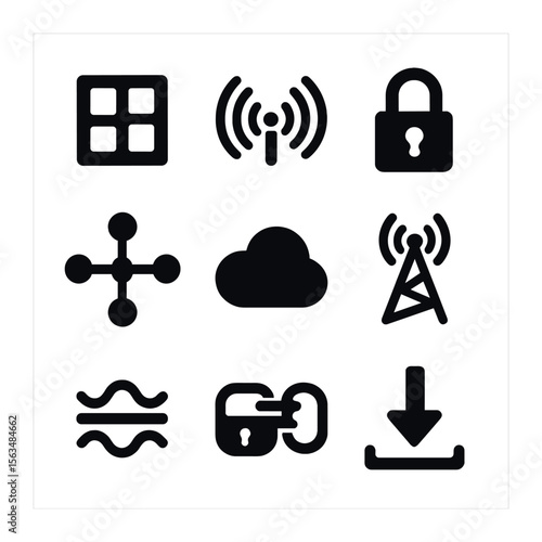 Satellite Data Icon Set. Solid, filled icons set of satellite data transmission: data packet, signal beams,