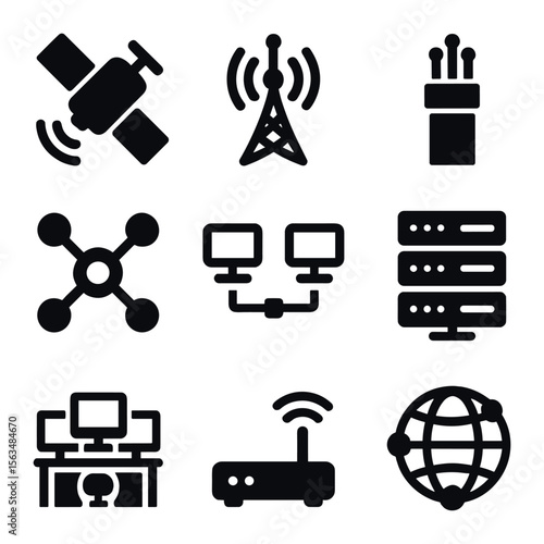 Communication Infrastructure Icons. Solid, filled icons set of communication infrastructure: relay satellite,